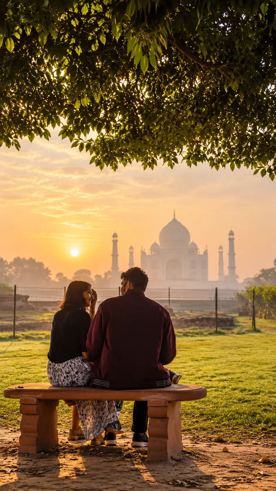 Couple sitting on a bench at Mehtab Bagh with the Taj Mahal visible during sunset in Agra.