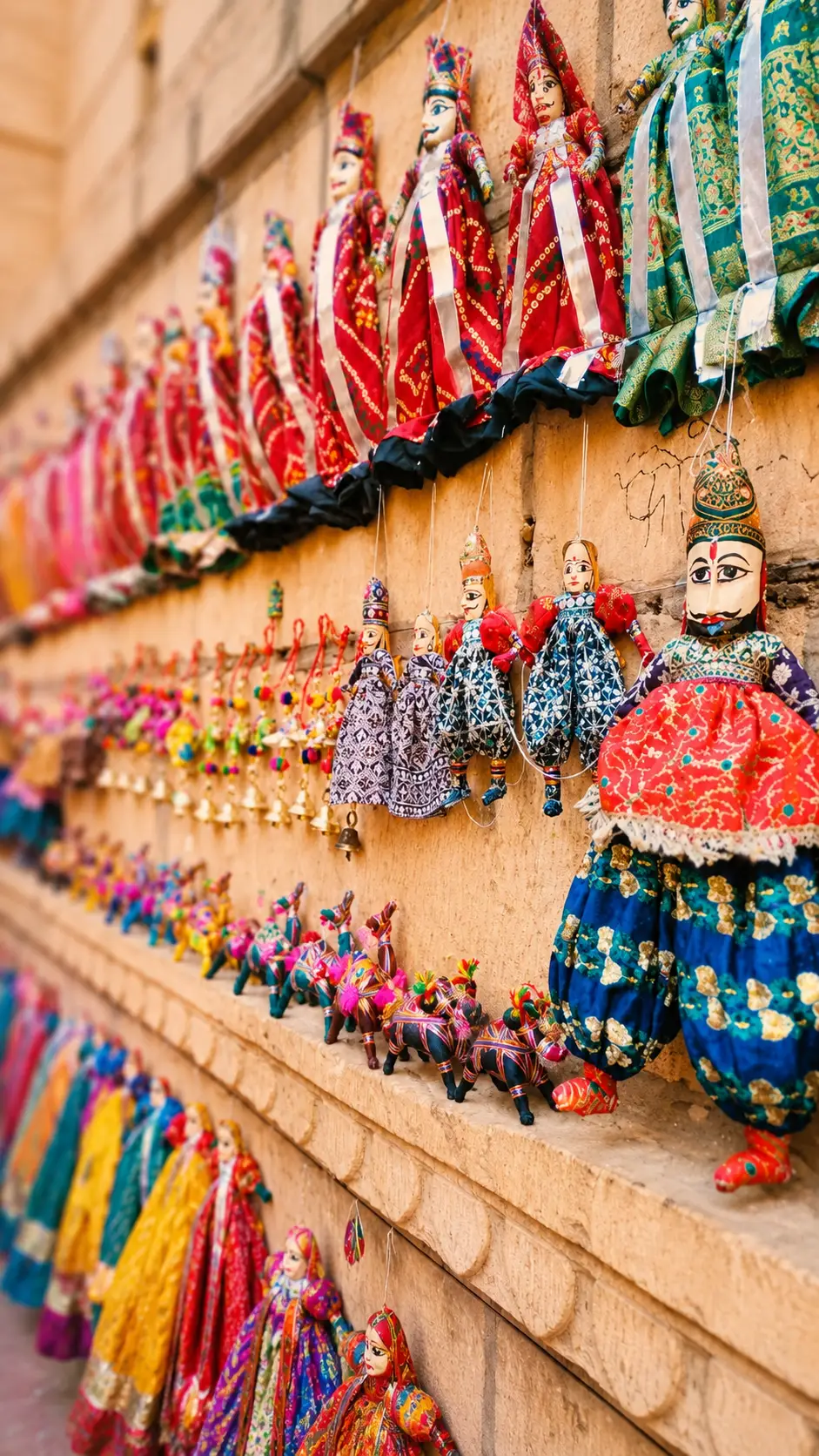 Colorful traditional Rajasthani puppets displayed at a market in Jaipur, Rajasthan, India.