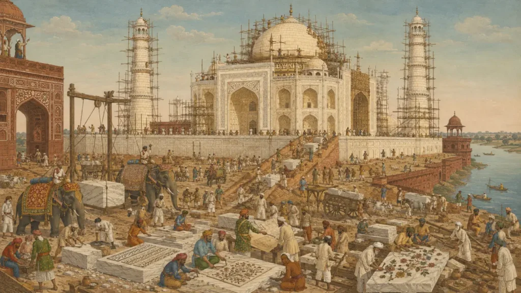 AI-generated Mughal-style historical painting showing the Taj Mahal under construction with unfinished marble domes, brick scaffolding, craftsmen carving marble, elephants carrying stone blocks, workers using ropes and pulleys, and the Yamuna River beside the construction site in Agra.