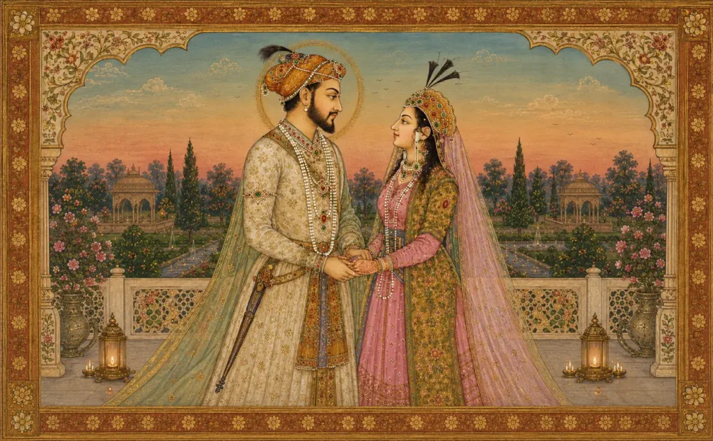 Mughal miniature painting of Shah Jahan and Mumtaz Mahal holding hands and looking into each other’s eyes in a royal palace garden with ornate floral borders, lanterns, fountains, and traditional Mughal architecture at sunset.