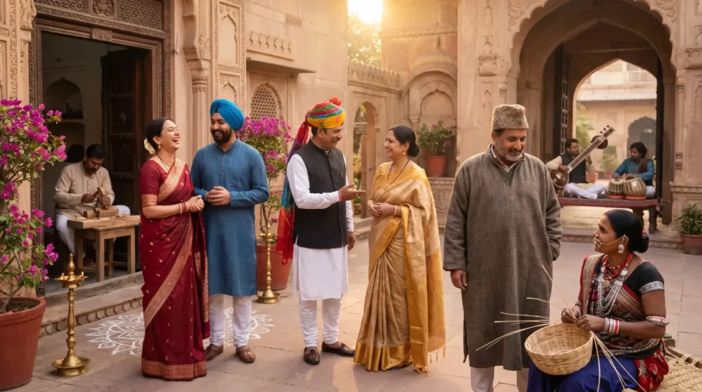 People from different regions of India wearing traditional attire gather in a historic courtyard, showcasing the country's rich cultural heritage, hospitality, music, and craftsmanship.