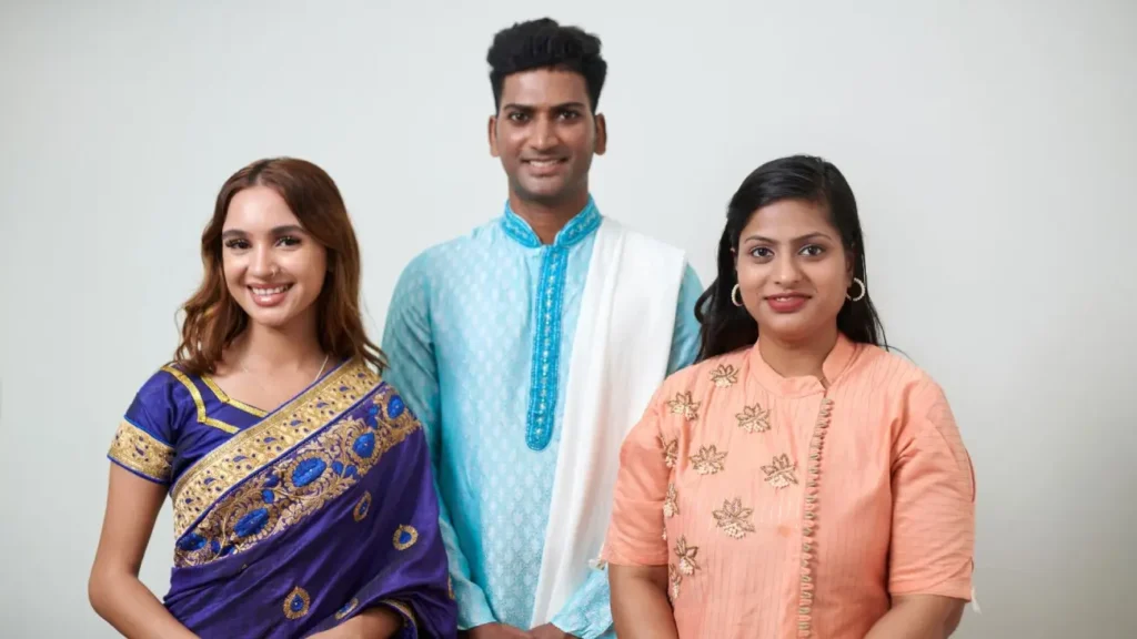 Three people wearing traditional Indian clothing, including a saree, kurta with dhoti, and embroidered ethnic outfit, showcasing India's diverse cultural heritage and traditional attire.