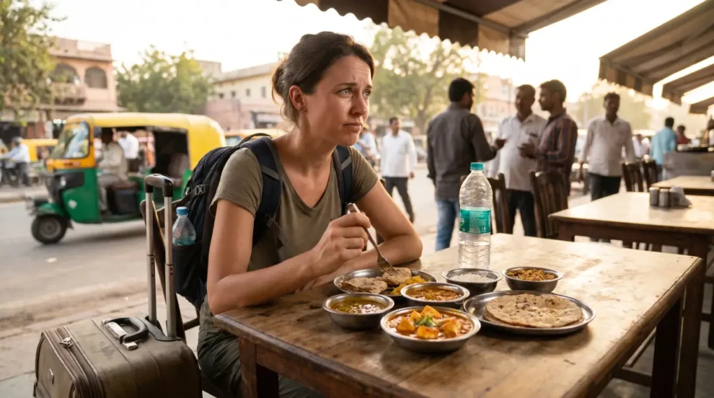 AI-generated image of an international traveler at an Indian café surrounded by traditional dishes, drinking water, and travel luggage, symbolizing dietary adjustment, climate changes, hydration, and digestive adaptation while traveling in India.